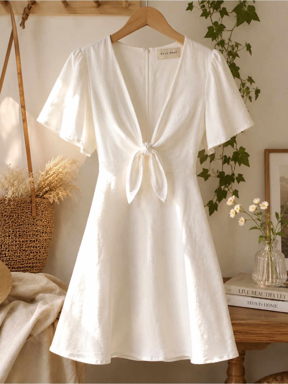 NWT White Linen Blend Tie Front Mini Dress Small